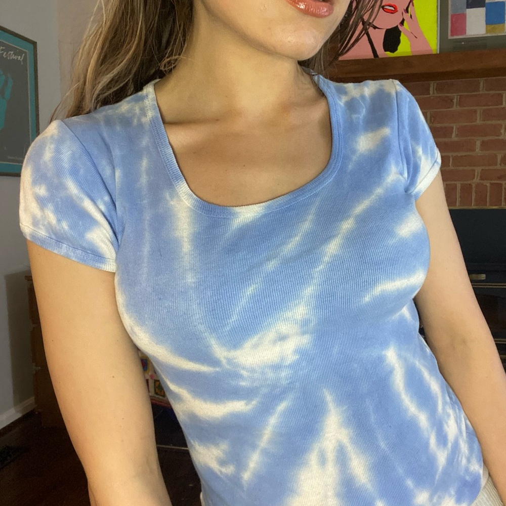 Vintage 90s Y2K Cloud Tie Dye California Made Fitted Baby Scoop Neck Pas… - Picture 3 of 12